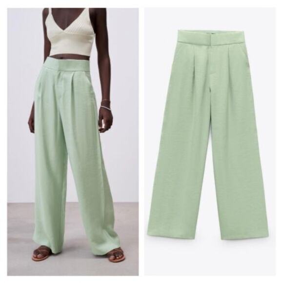 Zara High Waist Wide Leg Trousers Pants in Sea Green Size L - Picture 2 of 11